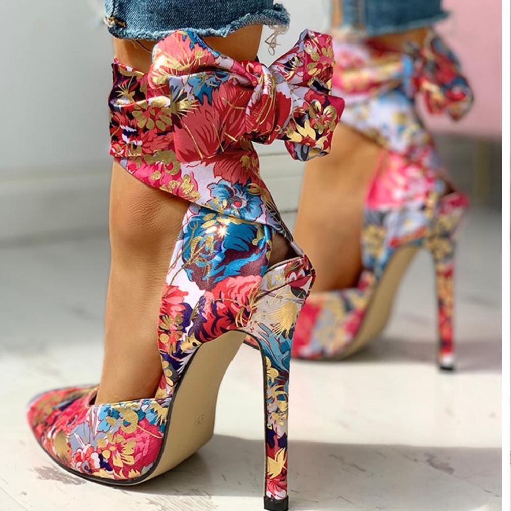 Floral Print Tied Ankle Thin Heels